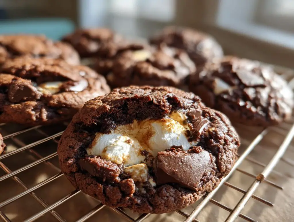 Close-up of a decadent Marshmallow-Surprise Hot Cocoa Cookie with melted marshmallow and chocolate chunks.