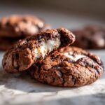 Close-up of a Marshmallow-Surprise Hot Cocoa Cookie, revealing a gooey marshmallow center.