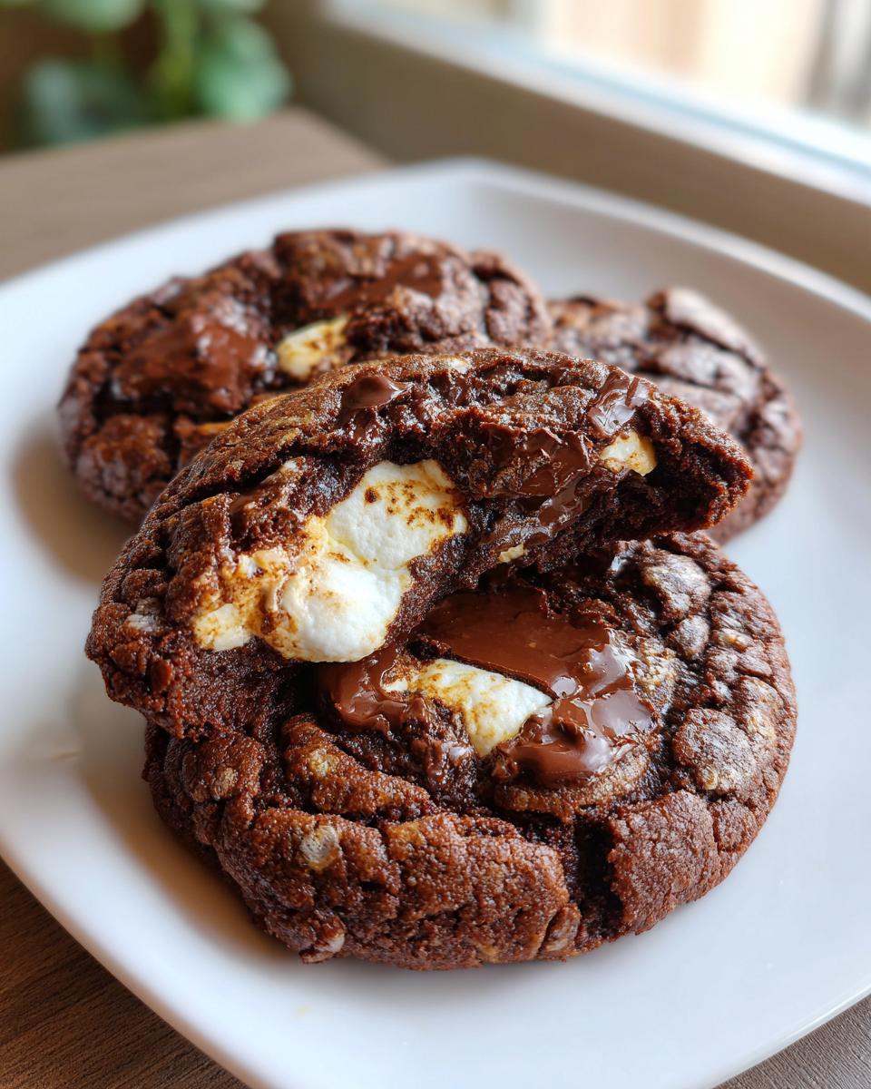 Close-up of a gooey Marshmallow-Surprise Hot Cocoa Cookie, revealing melted chocolate and soft marshmallow.