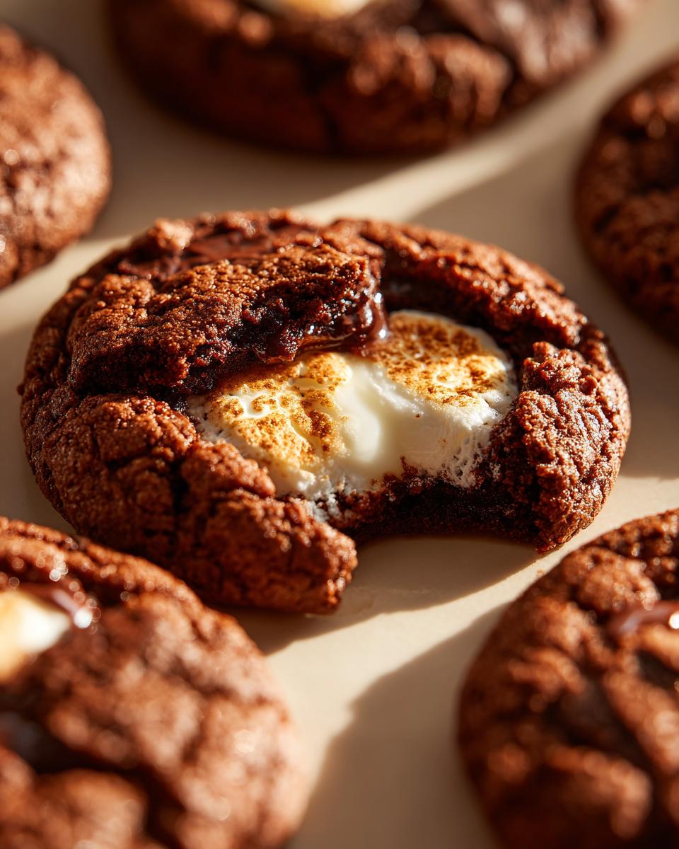 Close-up of a gooey Marshmallow-Surprise Hot Cocoa Cookie with a bite taken out, revealing melted marshmallow and chocolate.