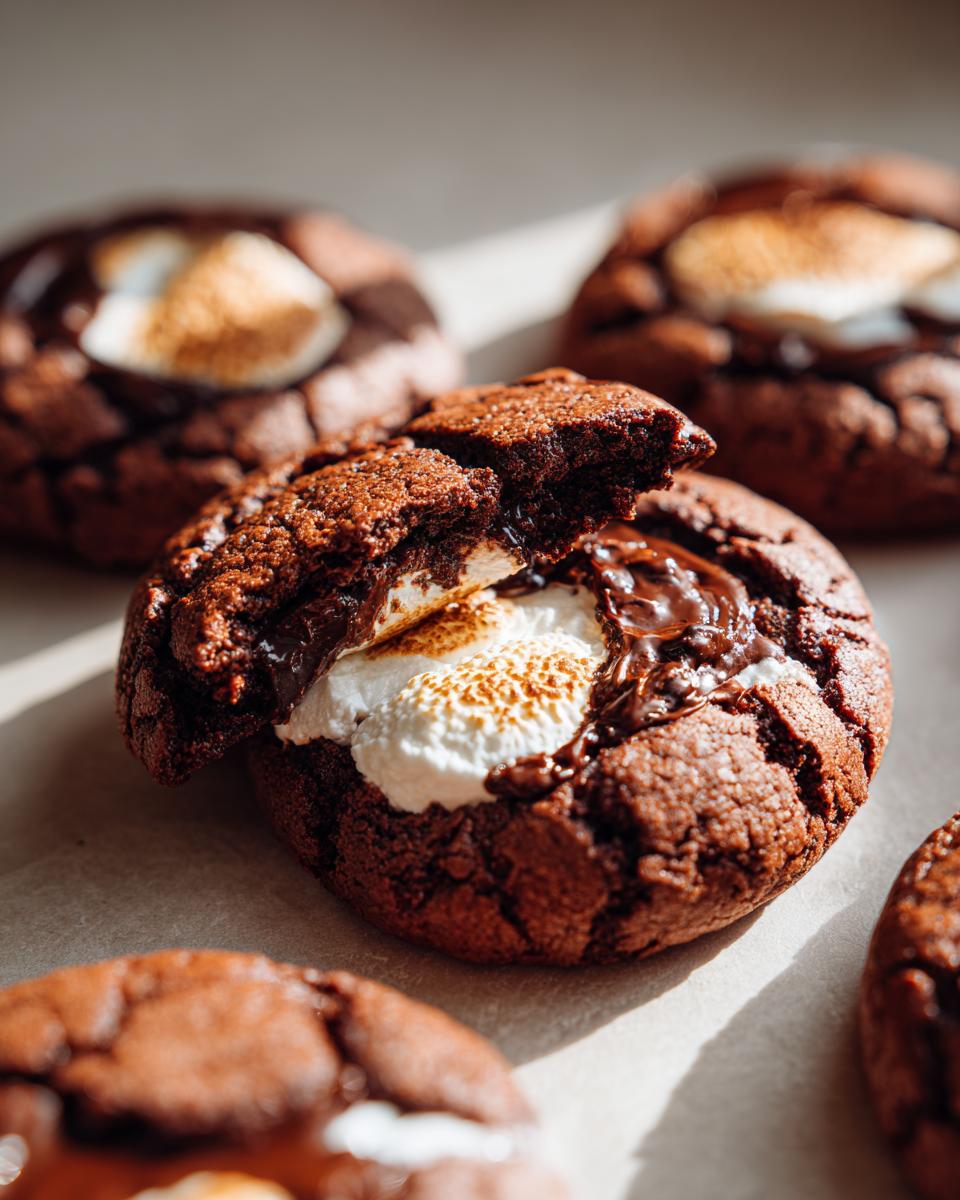 A close-up of a broken Marshmallow-Surprise Hot Cocoa Cookie, revealing gooey melted marshmallow and chocolate.