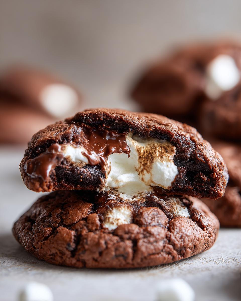 Close-up of two Marshmallow-Surprise Hot Cocoa Cookies stacked, with molten chocolate and gooey marshmallows spilling out.