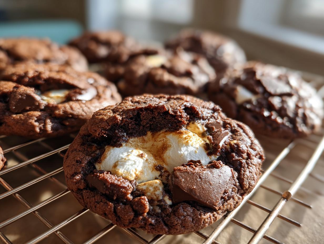 Close-up of a decadent Marshmallow-Surprise Hot Cocoa Cookie with melted marshmallow and chocolate chunks.