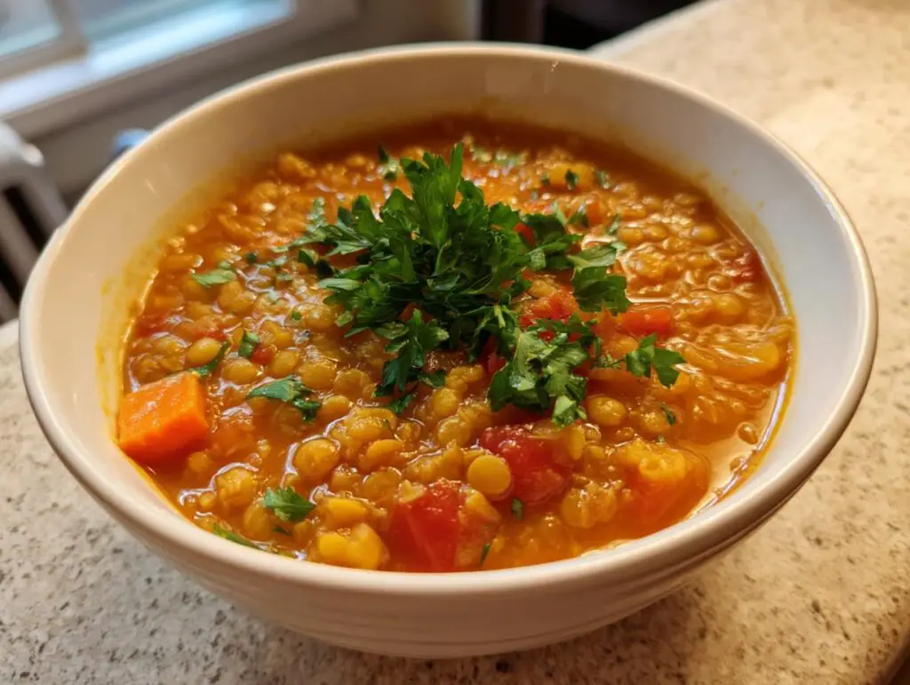 A bowl of Mediterranean Lemon Lentil Soup, garnished with fresh parsley.