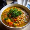 Close-up of a bowl of Mediterranean Lemon Lentil Soup garnished with fresh parsley.
