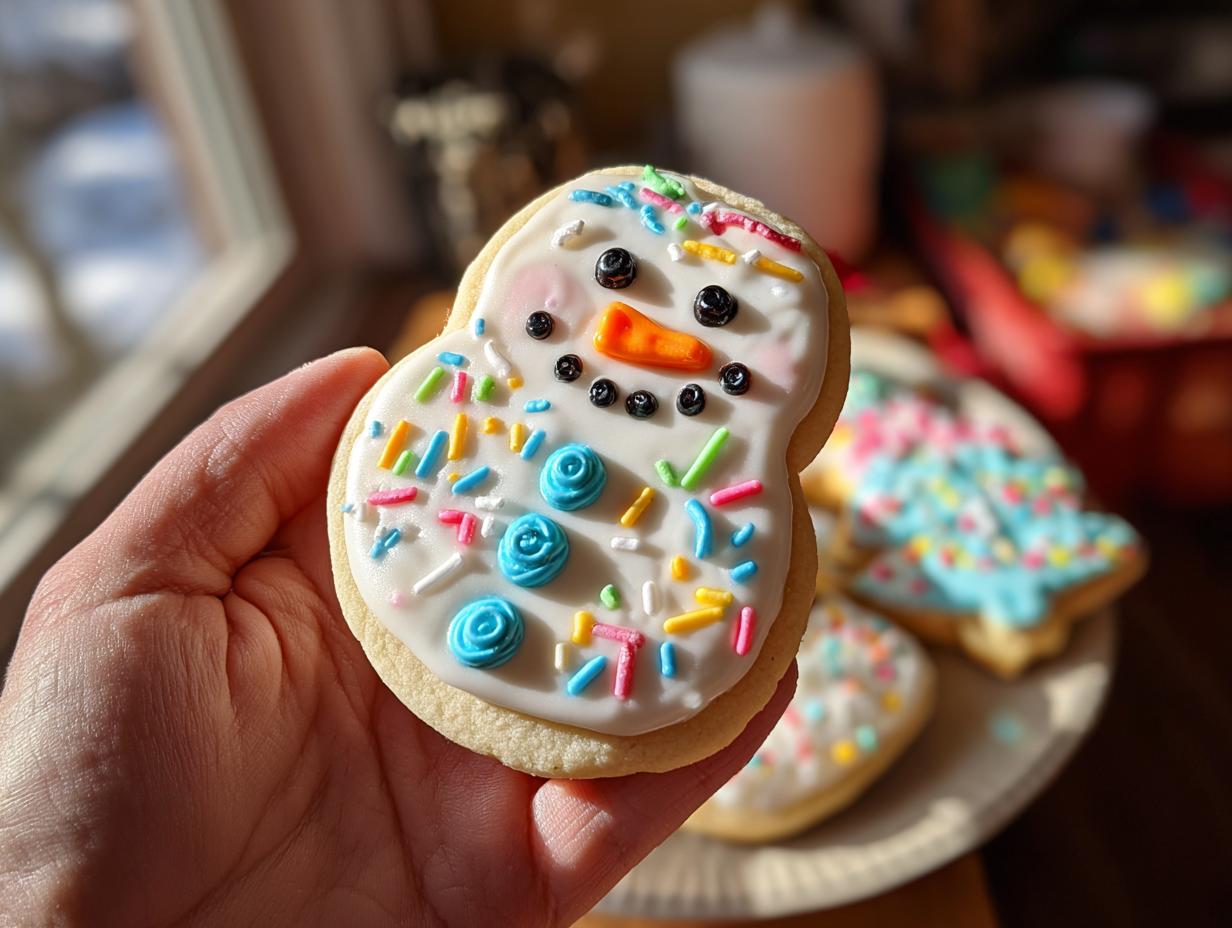 A hand holds a decorated Melted Snowman Sugar Cookie with white icing, colorful sprinkles, and candy eyes, nose, and buttons.