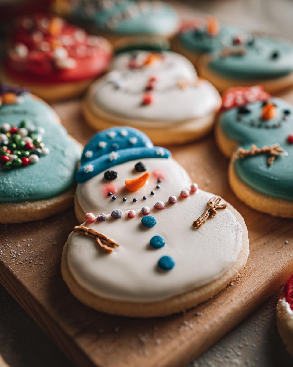 Close-up of a decorated Melted Snowman Sugar Cookie with blue hat, orange nose, and candy buttons.
