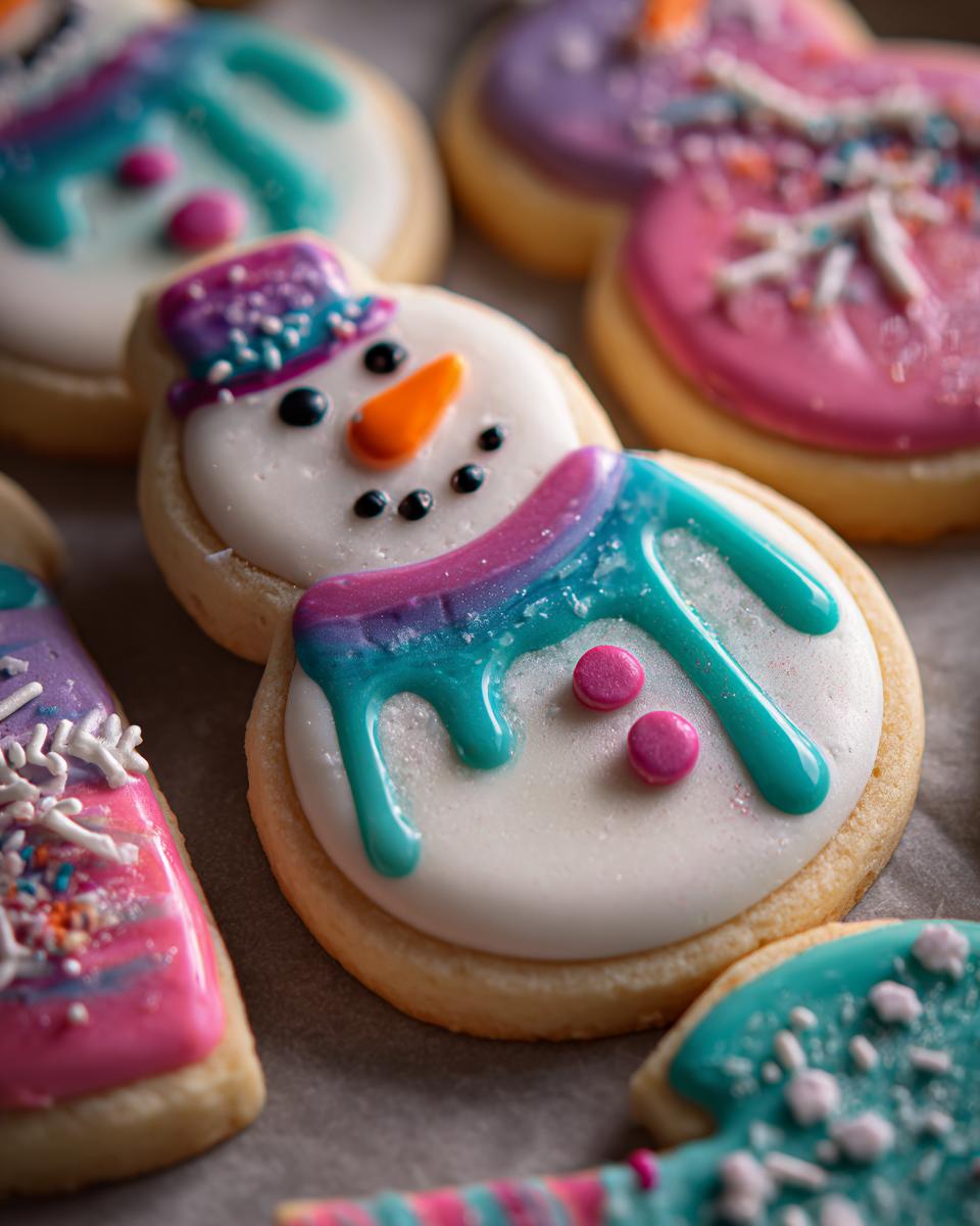 Close-up of adorable Melted Snowman Sugar Cookies decorated with colorful icing and sprinkles.