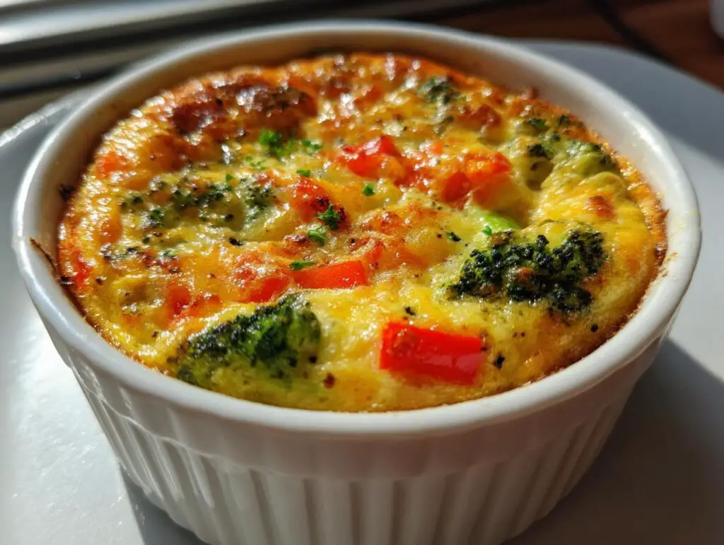 Close-up of a Microwave Mug Omelette with Veggies, featuring broccoli and red peppers.