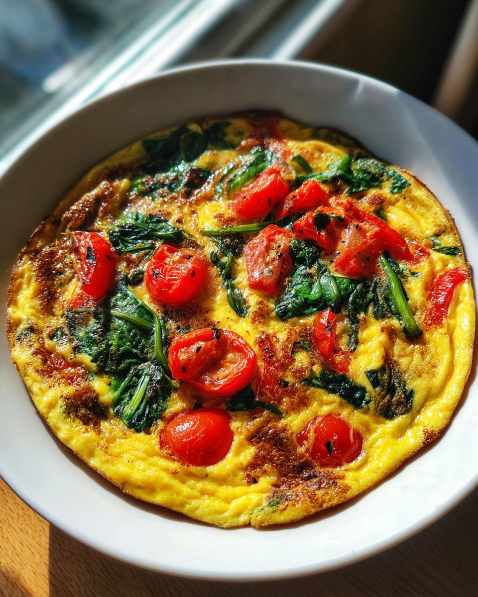 Close-up of a Microwave Mug Omelette with Veggies, including tomatoes and spinach, on a white plate.