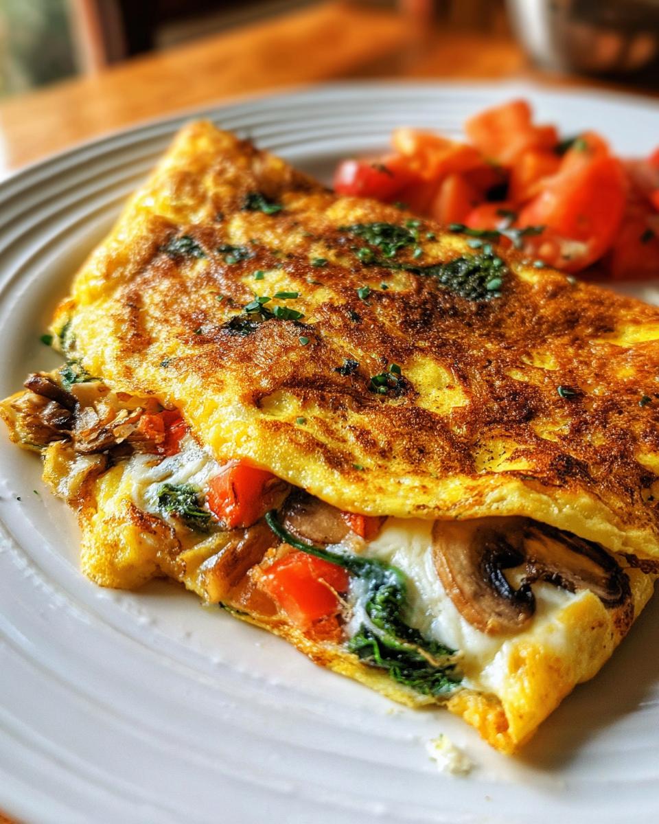 Close-up of a Microwave Mug Omelette with Veggies, including tomatoes, mushrooms, and spinach, served on a white plate.