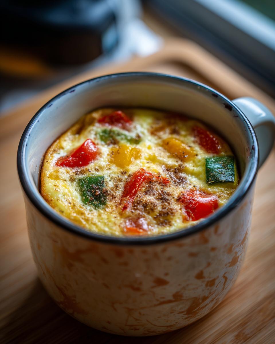 Close-up of a Microwave Mug Omelette with Veggies in a mug, showing colorful bell peppers.