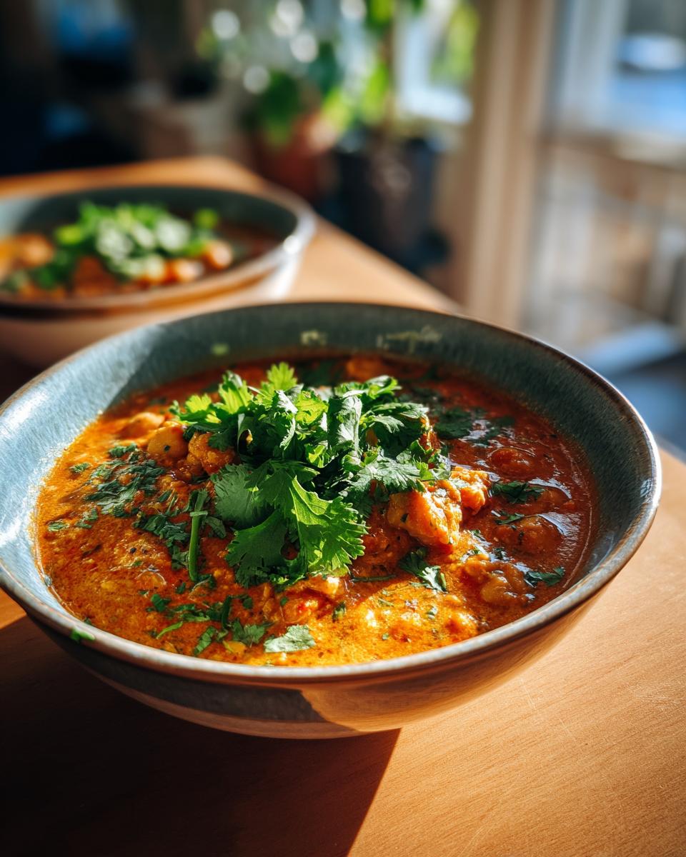 A bowl of delicious Moroccan Chickpea Soup garnished with fresh cilantro, ready to eat.