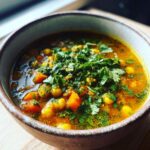 Close-up of a bowl filled with flavorful Moroccan Chickpea Soup, garnished with fresh herbs.