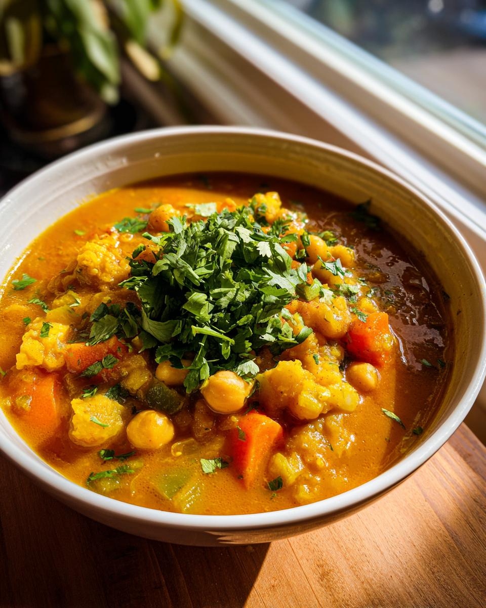 Close-up of a bowl of Moroccan Chickpea Soup, garnished with fresh herbs.