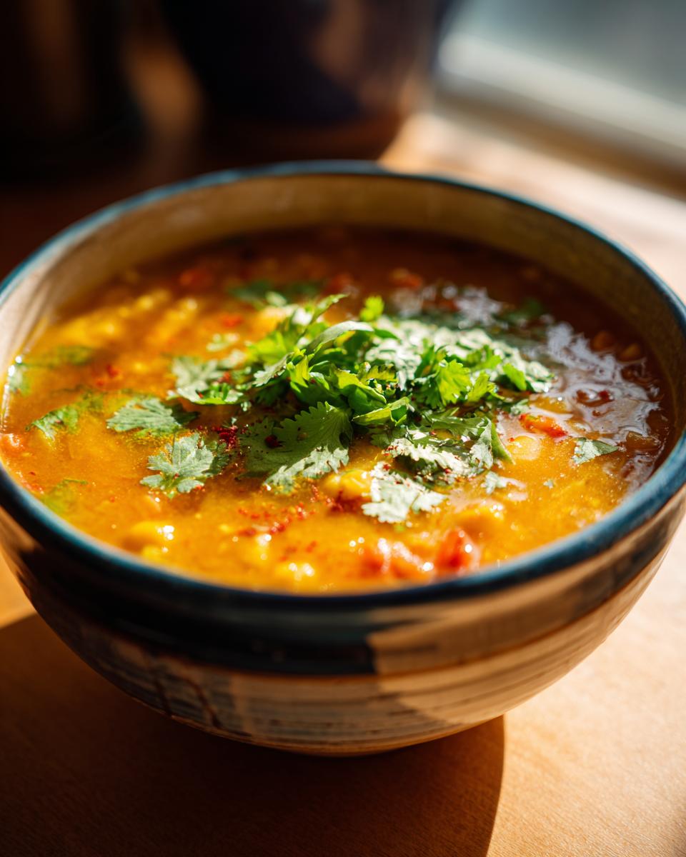 Close-up of a bowl of Moroccan Chickpea Soup garnished with fresh cilantro.