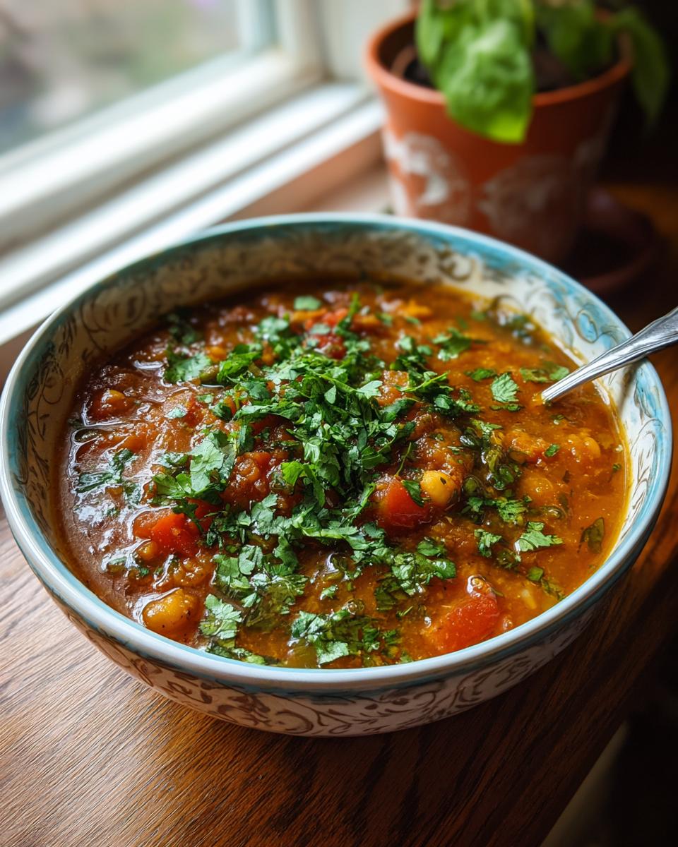 A bowl of flavorful Moroccan Chickpea Soup, garnished with fresh herbs.