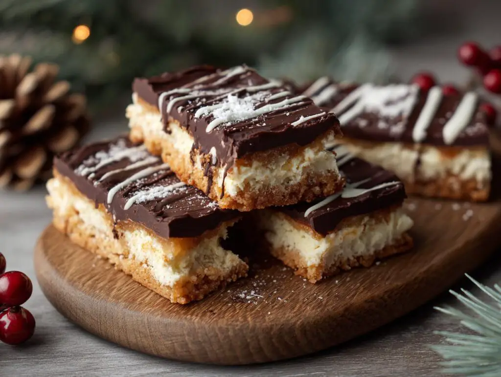 Close-up of North Pole Chocolate-Dipped Shortbread Bars on a wooden board, drizzled with white chocolate.