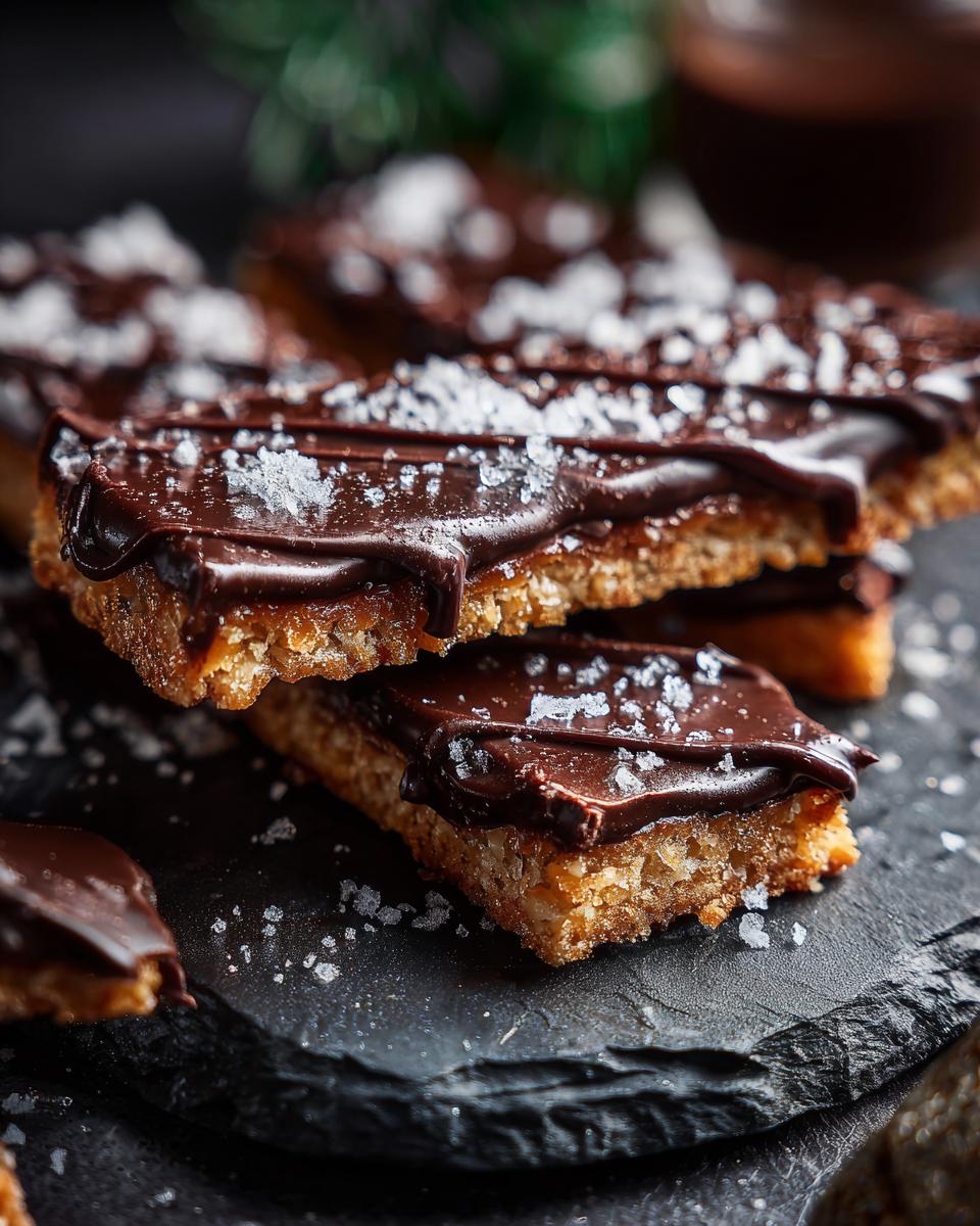 Close-up of North Pole Chocolate-Dipped Shortbread Bars, topped with sea salt, on a black slate.