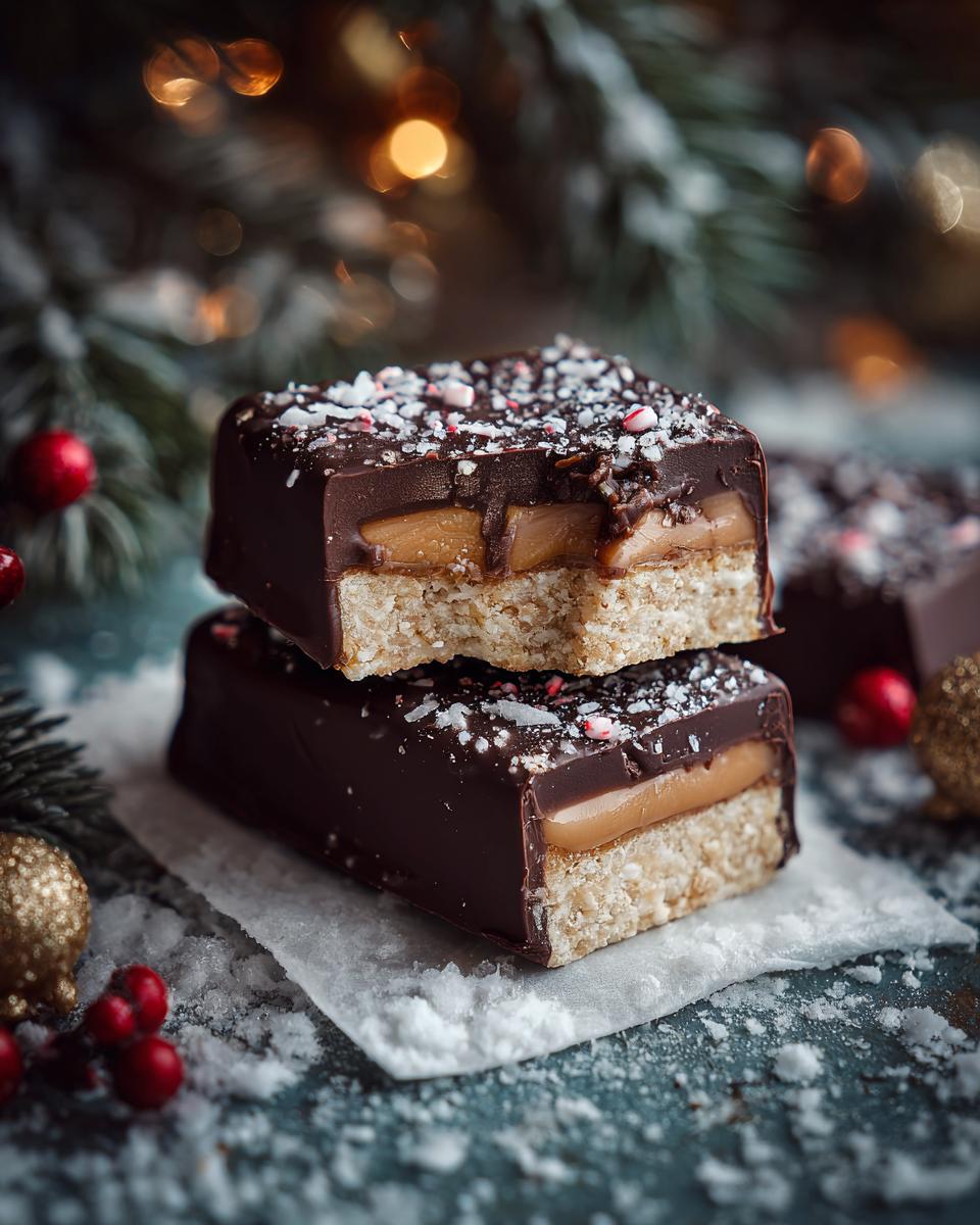 Stacked North Pole Chocolate-Dipped Shortbread Bars with caramel and crushed candy cane topping.