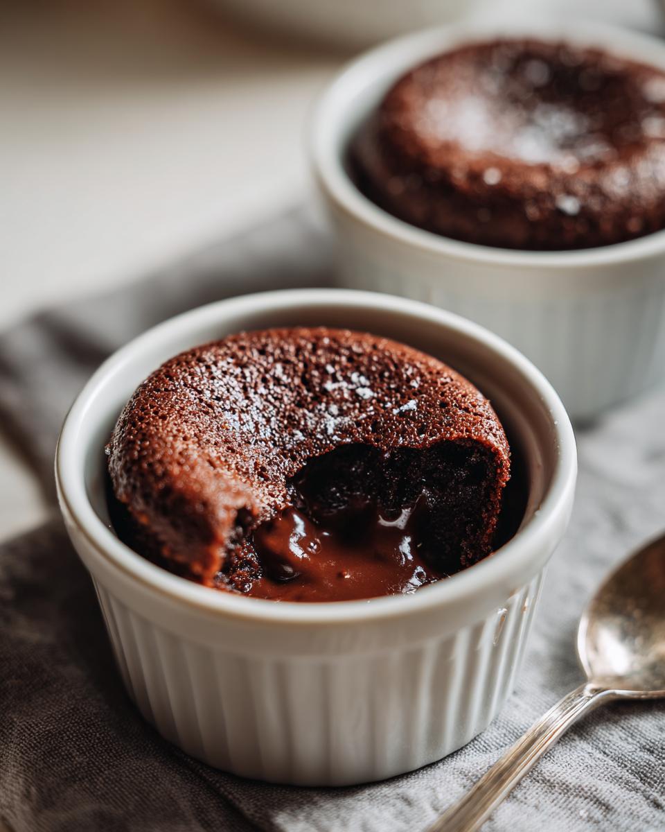 Close-up of a 4-Ingredient Nutella Lava Cake with molten chocolate center, in a white ramekin.
