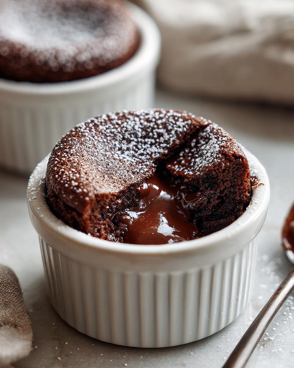 Close-up of a 4-Ingredient Nutella Lava Cake with a molten chocolate center, dusted with powdered sugar.