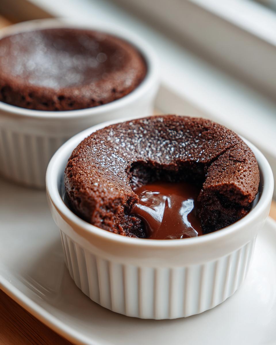Close-up of a 4-Ingredient Nutella Lava Cake with molten chocolate center in a white ramekin.