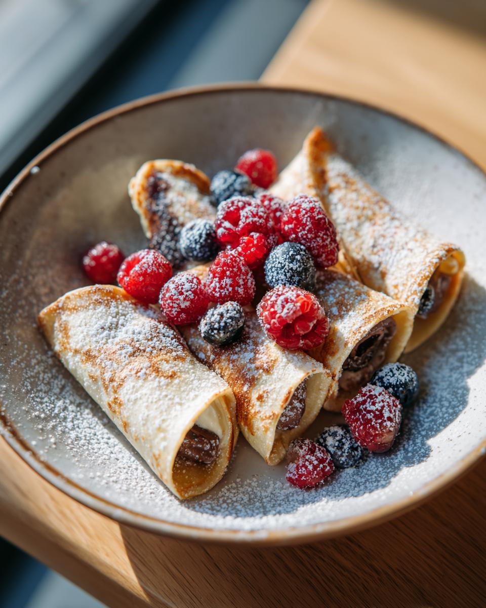 Close-up of Nutella-Stuffed Pancake Cereal bowl with fresh berries and powdered sugar.