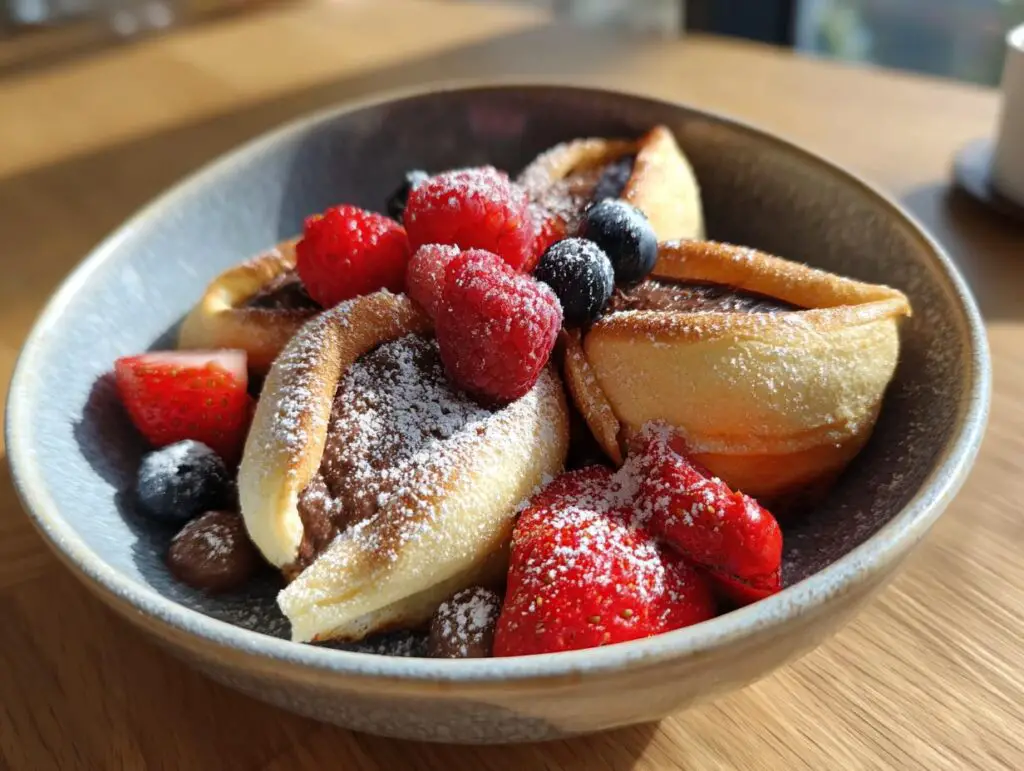 Close-up of a bowl of Nutella-Stuffed Pancake Cereal topped with berries and powdered sugar.
