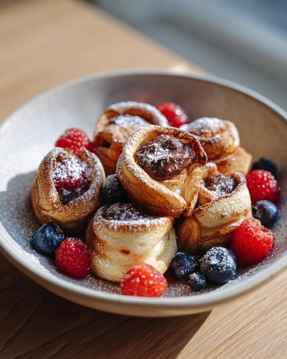 Close-up of a bowl of Nutella-Stuffed Pancake Cereal with fresh berries and powdered sugar.