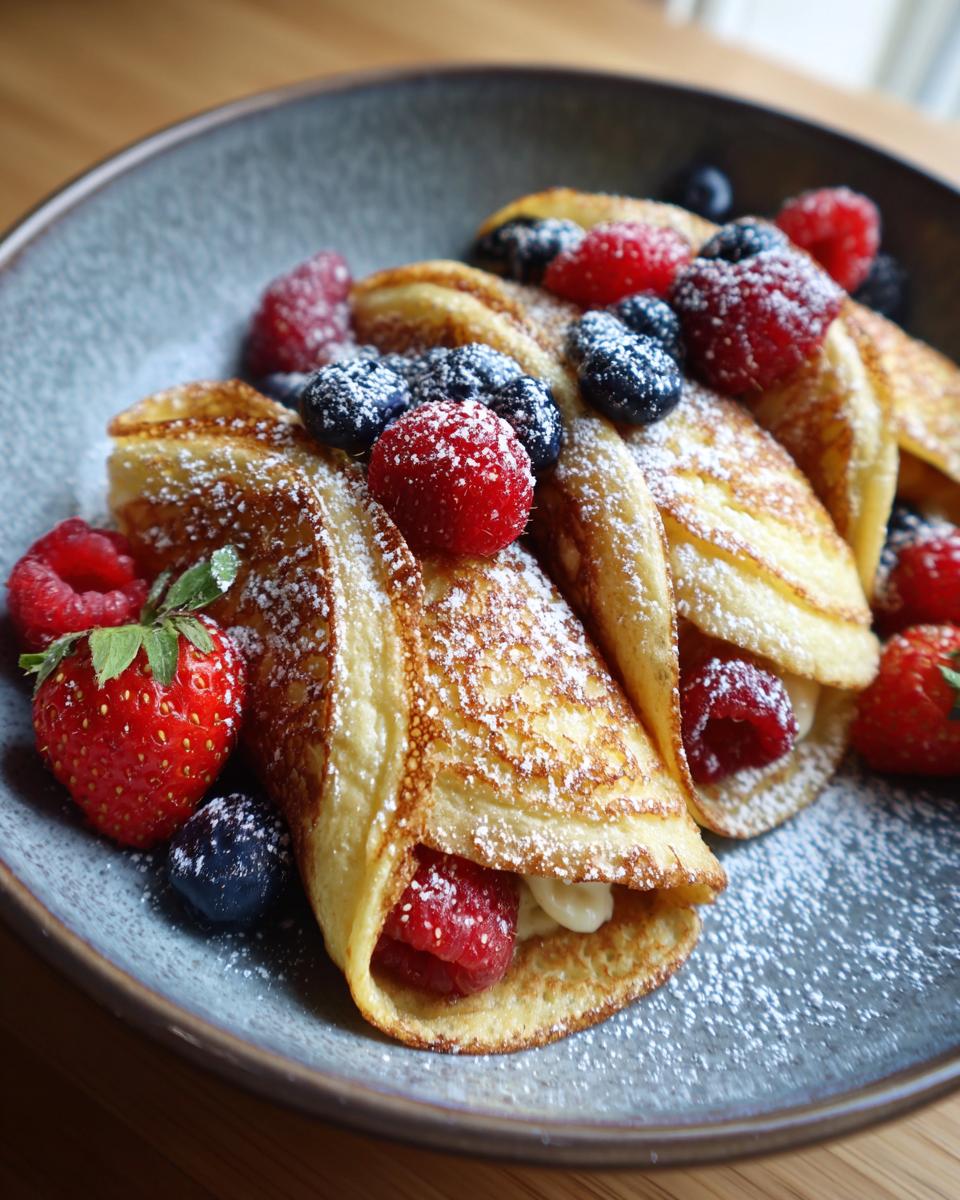 Close-up of a Nutella-Stuffed Pancake Cereal Bowl with fresh berries and powdered sugar.