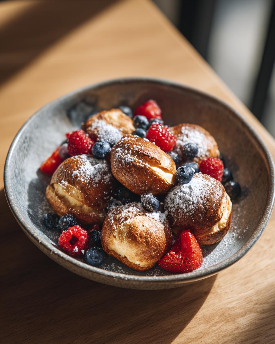 A bowl of Nutella-Stuffed Pancake Cereal topped with fresh berries and powdered sugar.