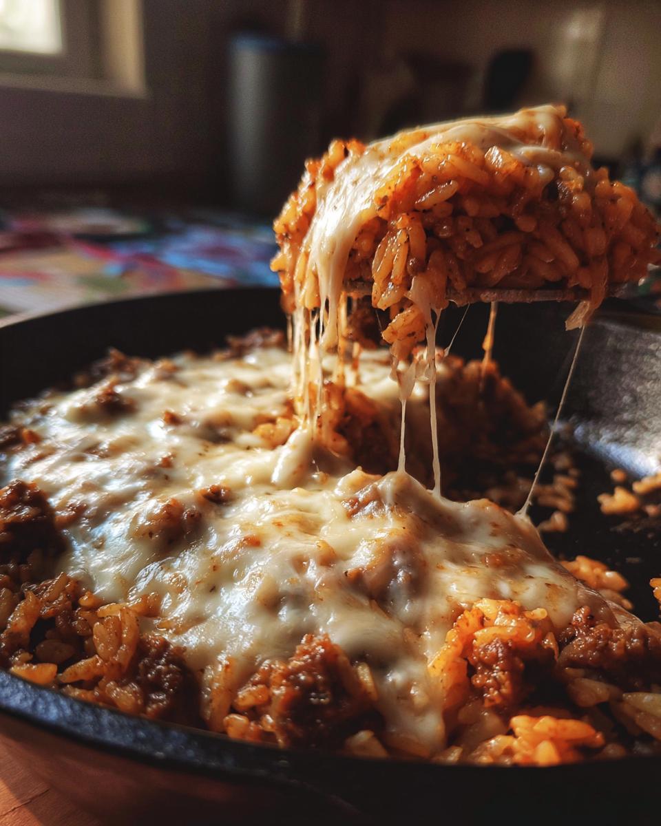 Close-up of a cheesy pull from the One-Pot Cheesy Beef and Rice Skillet, showing melted cheese.