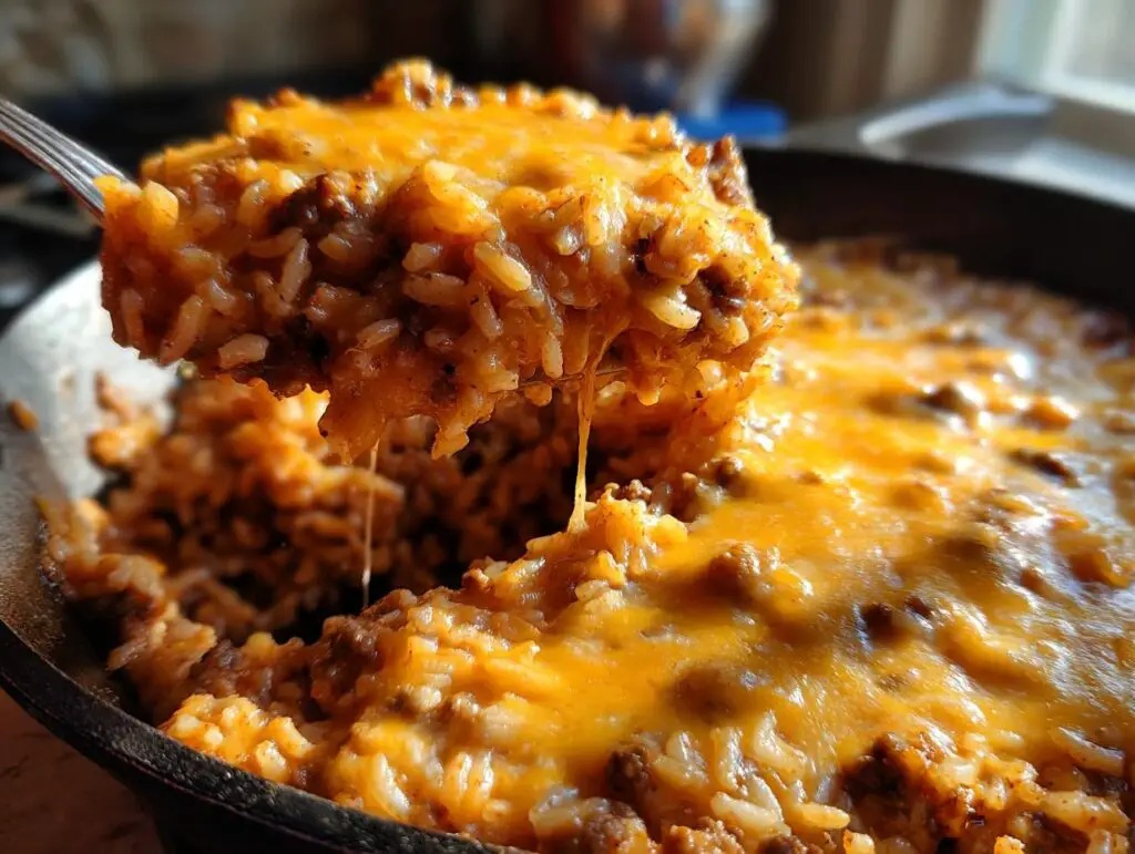 Close-up of a spoonful of One-Pot Cheesy Beef and Rice Skillet with melted cheese, showing the texture and ingredients.