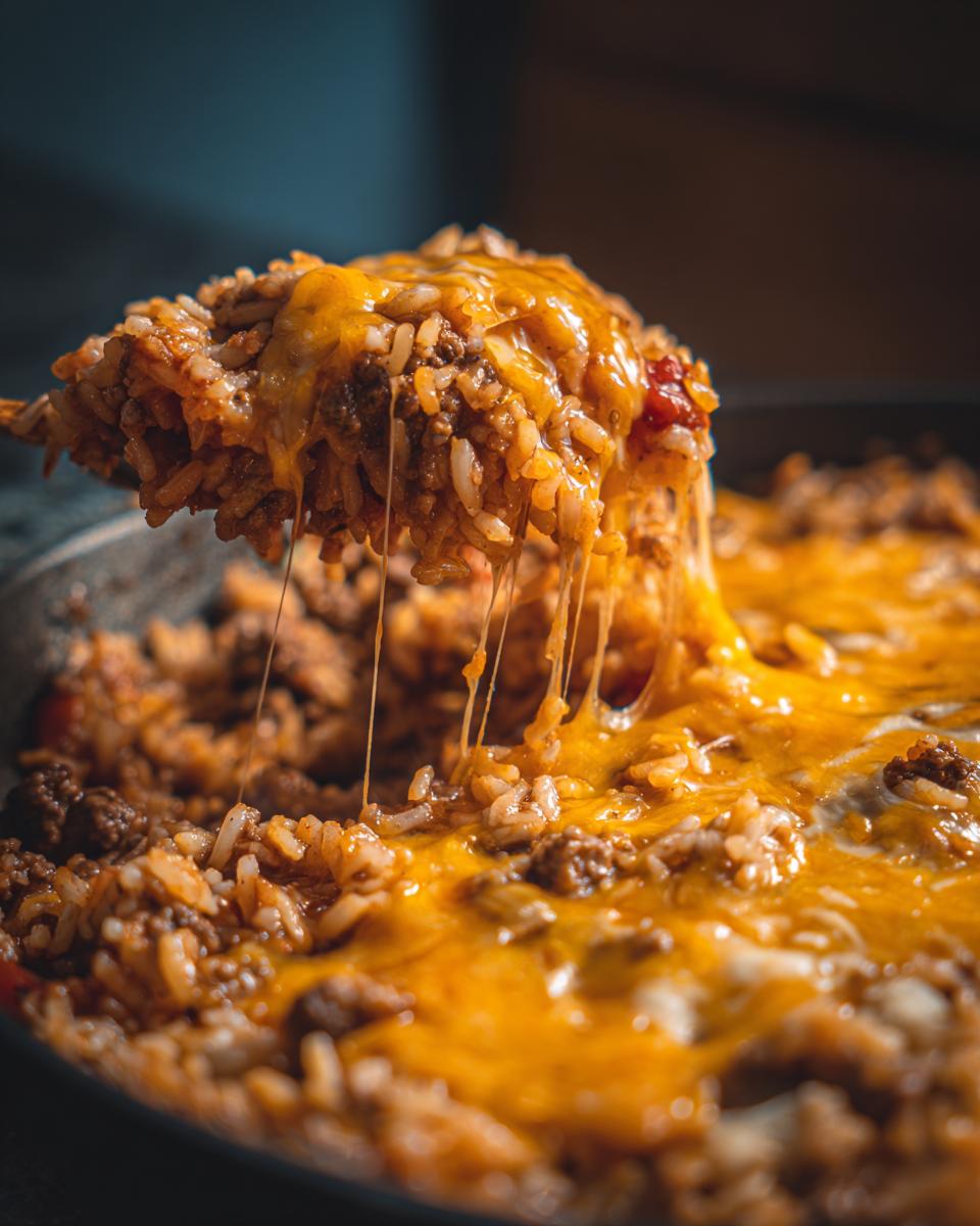 Close-up of a spoonful of One-Pot Cheesy Beef and Rice Skillet with melted cheese.