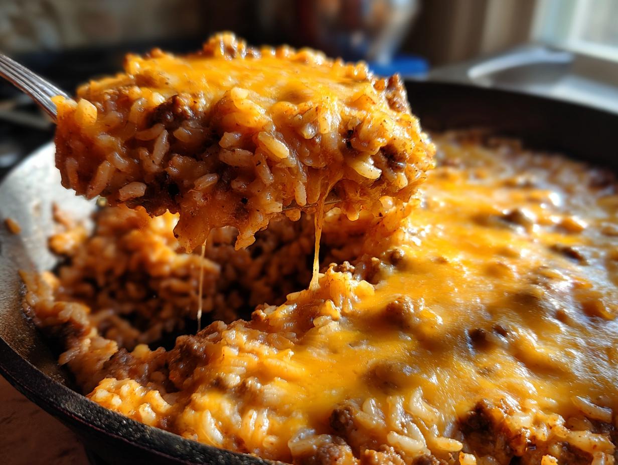 Close-up of a spoonful of One-Pot Cheesy Beef and Rice Skillet with melted cheese, showing the texture and ingredients.