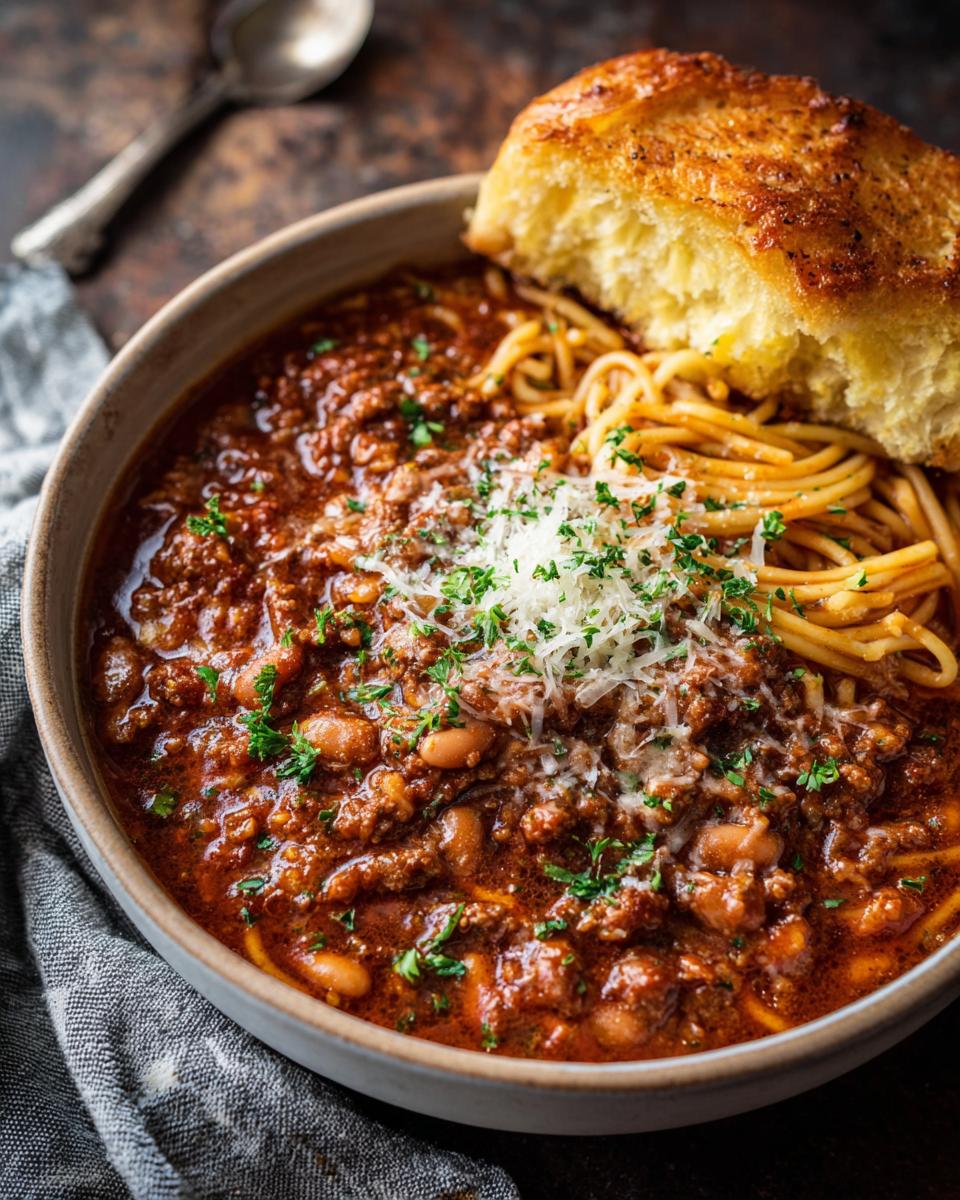 One-Pot Pasta e Fagioli Soup: 1 Recipe for Joy! 8 Close-up of a bowl of One-Pot Pasta e Fagioli Soup with bread, cheese and herbs.