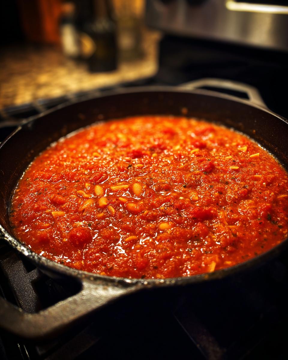 One-Pot Pasta e Fagioli Soup: 1 Recipe for Joy! 7 Close-up of One-Pot Pasta e Fagioli Soup simmering in a cast iron skillet on a stovetop.