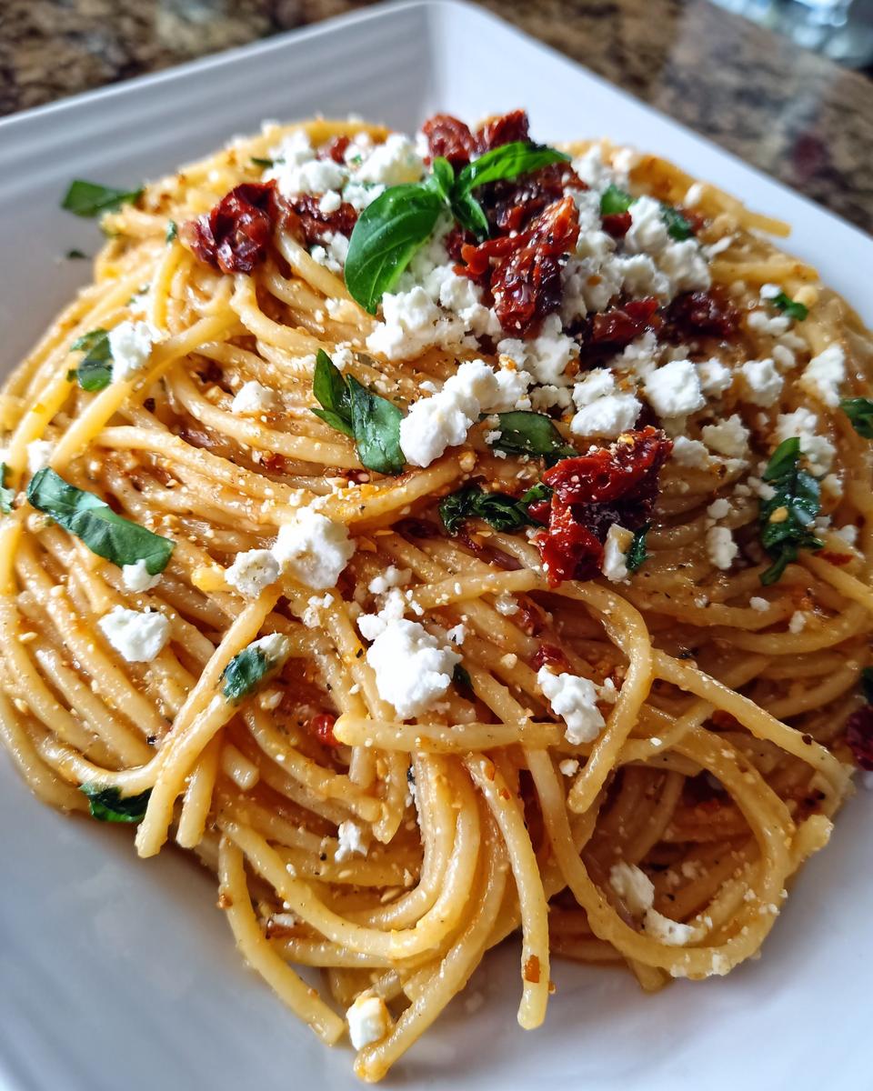 Close-up of One-Pot Sun-Dried Tomato Feta Pasta with feta cheese, sun-dried tomatoes, and basil.