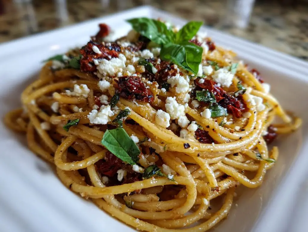 Close-up of a plate of one-pot sun-dried tomato feta pasta, garnished with fresh basil.
