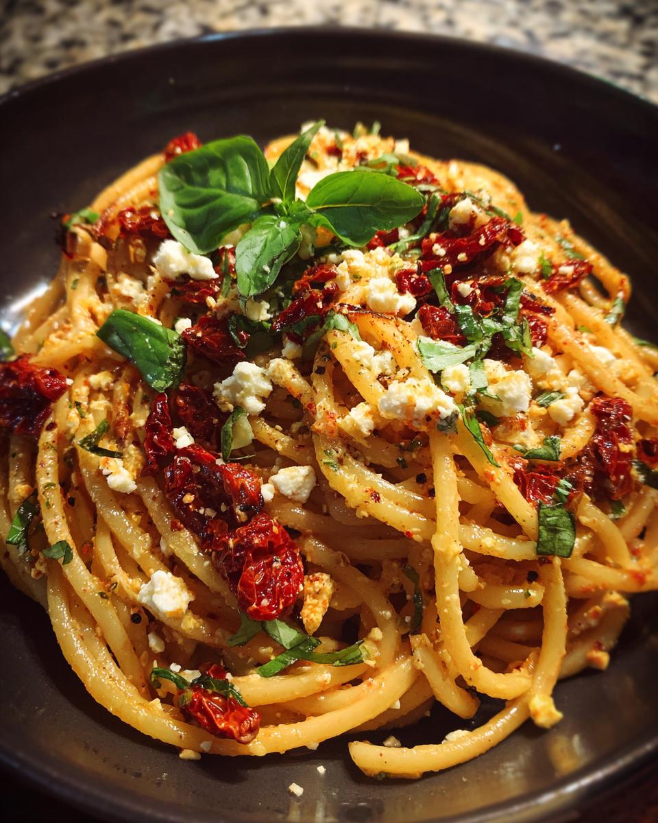 Close-up of One-Pot Sun-Dried Tomato Feta Pasta with basil and feta cheese.
