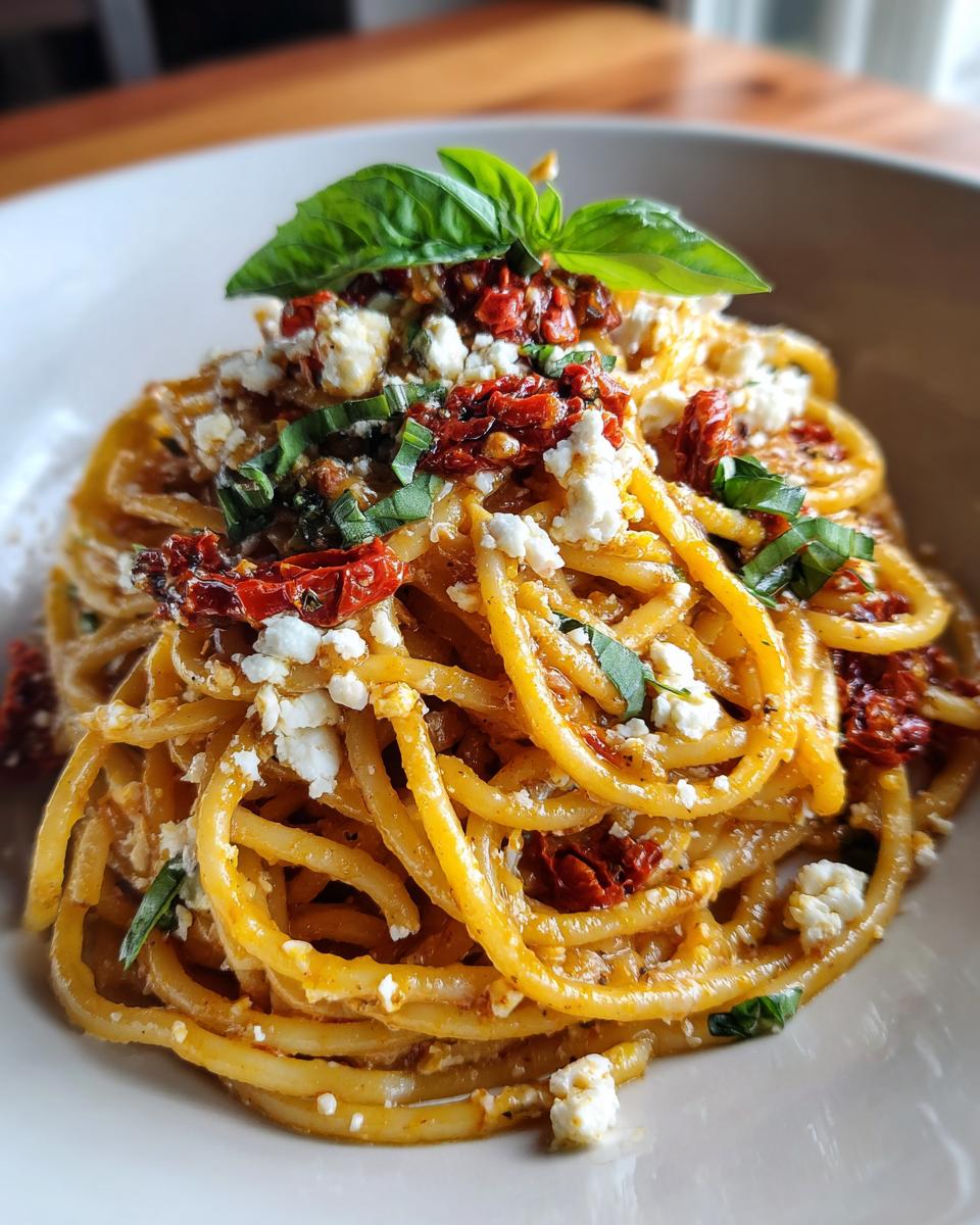 Close-up of a bowl of One-Pot Sun-Dried Tomato Feta Pasta, garnished with basil.