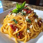 Close-up of a plate of One-Pot Sun-Dried Tomato Feta Pasta, garnished with fresh basil and feta cheese.