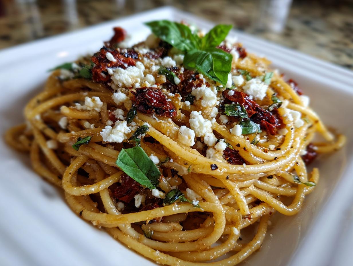 Close-up of a plate of one-pot sun-dried tomato feta pasta, garnished with fresh basil.