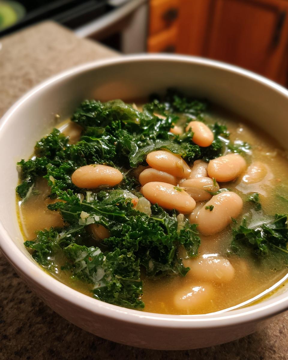 Close-up of a bowl of One-Pot White Bean & Kale Soup, showing beans, kale, and broth.