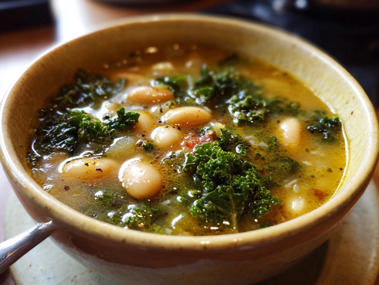 Close-up of a bowl of One-Pot White Bean & Kale Soup with beans and kale.