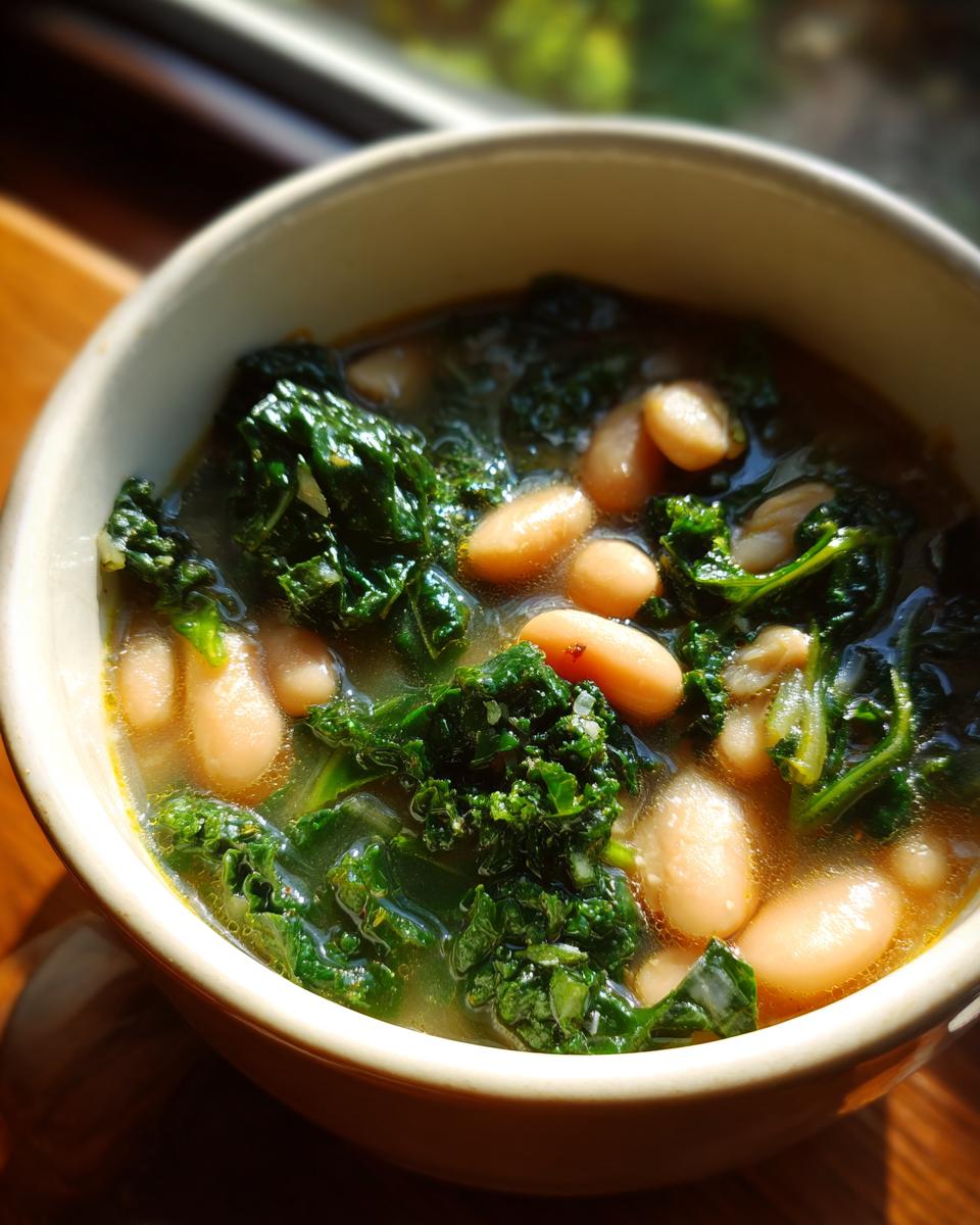 Close-up of a bowl of One-Pot White Bean & Kale Soup, showing beans and kale.