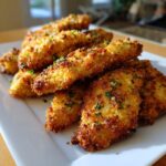 Close-up of crispy, golden Oven-Baked Cheddar Jalapeño Chicken Tenders on a white plate.