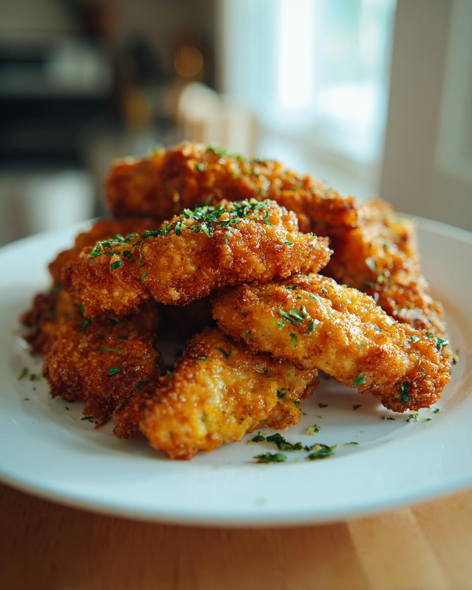 Pile of golden-brown Oven-Baked Cheddar Jalapeño Chicken Tenders on a white plate, garnished with herbs.