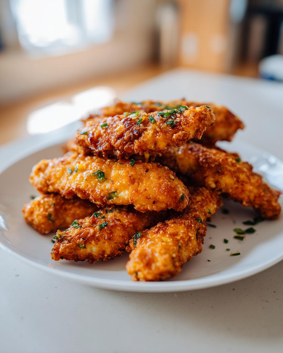 Pile of crispy oven-baked Cheddar Jalapeño Chicken Tenders on a white plate, garnished with herbs.